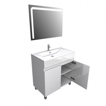Ensemble Meuble de salle de bain blanc 80cm + vasque ceramique blanche + miroir led