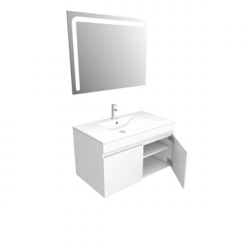 Ensemble Meuble de salle de bain blanc 60cm suspendu a portes + vasque ceramique blanche + miroir