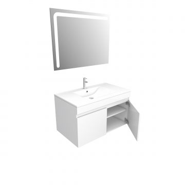 Ensemble Meuble de salle de bain blanc 80cm suspendu a portes + vasque ceramique blanche + miroir