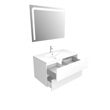 Ensemble Meuble de salle de bain blanc 60 cm suspendu 2 tiroirs + vasque ceramique blanche + miroir