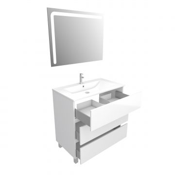 Ensemble Meuble de salle de bain blanc 60 cm sur pied 3 tiroirs + vasque ceramique blanche + miroir