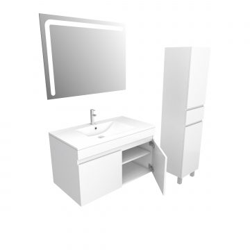 Ensemble Meuble de salle de bain blanc 60cm suspendu a portes + vasque ceramique blanche + miroir
