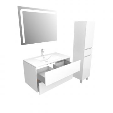 Ensemble Meuble de salle de bain blanc 80 cm suspendu 2 tiroirs + vasque ceramique blanche + miroir
