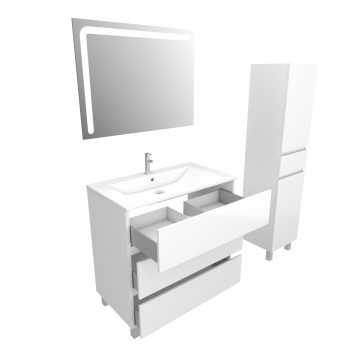 Ensemble Meuble de salle de bain blanc 60 cm sur pied 3 tiroirs + vasque ceramique blanche + miroir