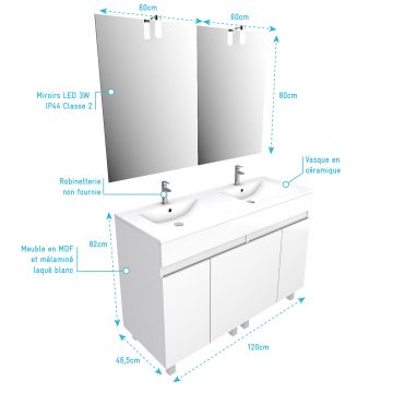 Ensemble Meuble de salle de bain blanc 120cm sur pied + vasque ceramique blanche + miroir led