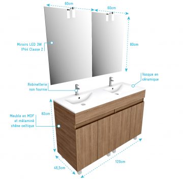 Ensemble Meuble de salle de bain chene celtique 120cm sur pied + vasque ceramique blanche + miroir