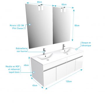 Ensemble Meuble de salle de bain blanc 120cm suspendu a portes + vasque ceramique blanche + miroir