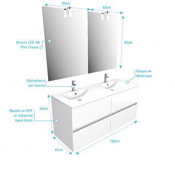 Ensemble Meuble de salle de bain blanc 120cm suspendu 2  tiroirs + vasque ceramique blanche + miroir
