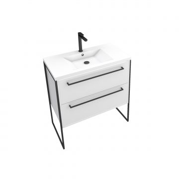 Meuble de salle de bain 80x50cm Blanc - 2 tiroirs - vasque resine blanche - pieds et poignées