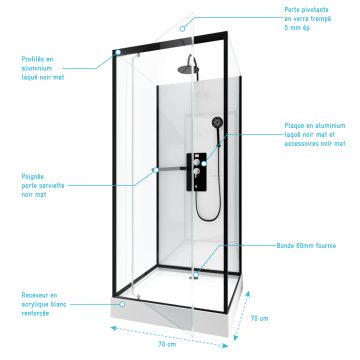 Cabine de douche carrée 70x70x230cm - extra blanc et profilé noir mat - LUNAR SQUARE 70