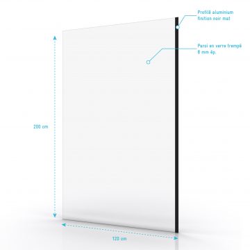 Paroi de douche a l'italienne transparent 120x200cm - verre transparent 8mm - profile noir mat