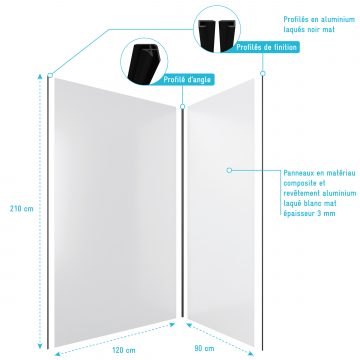 PACK PANNEAUX MURAUX BLANC en aluminium avec profile d'angle et de finition NOIR MAT -  90x120cm