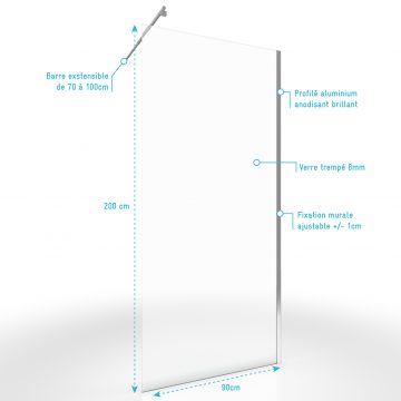 Pack paroi de douche TRANSPARENT 90cm profile chrome - DIM: 90x200cm - FREEDOM 2 90