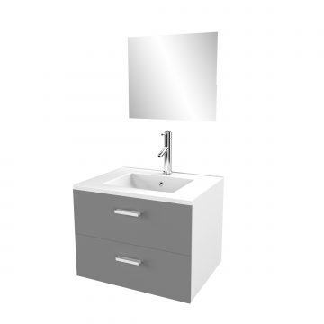 Meuble salle de bain 60cm monté suspendu gris - avec tiroirs - vasque et miroir - BOX-IN 60 GREY
