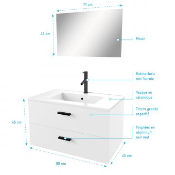 Meuble salle de bain 80 cm monte suspendu blanc H46xL80xP45cm - avec tiroirs - vasque et miroir
