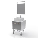 MEUBLE SALLE DE BAIN SCANDINAVE BLANC ET GRIS 60 CM SUR PIEDS - PORTES VASQUE A POSER + MIROIR LED