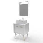 MEUBLE SALLE DE BAIN SCANDINAVE BLANC 60 CM SUR PIEDS AVEC PORTES, VASQUE A POSER ET MIROIR LED