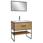 Meuble de salle de bain 80x80 cm - 1 tiroir - vasque céramique + miroir laqué noir mat - THINK 80