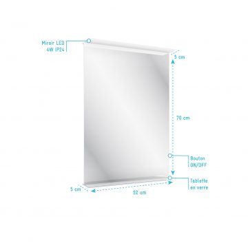Miroir salle de bain 52x70x5cm avec éclairage LED et étagère