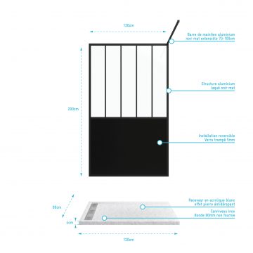 Pack Paroi de douche 120x200 cm noir mat - verre trempe 5mm + Receveur extra plat à poser - caniveau