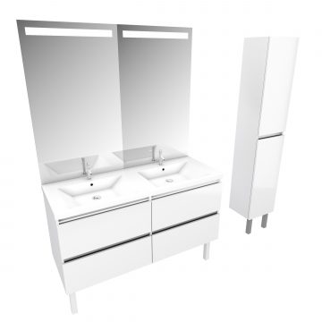Pack Meuble de salle de bain 130x50 cm - Double vasque blanche + miroir LED + colonne