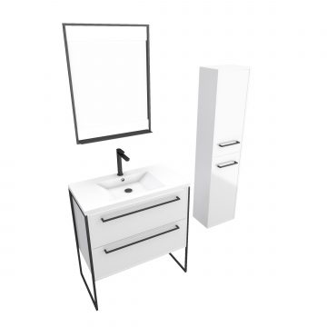 Pack meuble de salle de bain 80x50 cm Blanc - 2 tiroirs - vasque blanche - miroir - colonne suspendu