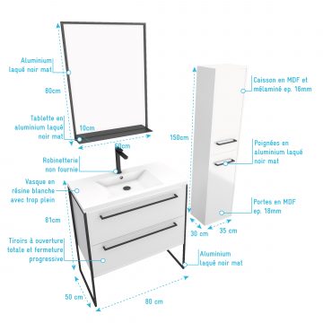 Pack meuble de salle de bain 80x50cm Blanc - 2 tiroirs blanc - vasque blanche + miroir noir mat