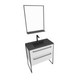 Pack meuble salle de bain 80x50 Blanc -2 tiroirs noir - vasque noir effet pierre et miroir noir mat