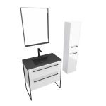 Pack meuble salle de bain + colonne - 80x50 -2 tiroirs noir - vasque noir  et miroir LED noir mat