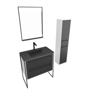 Ensemble meuble de salle de bain 80x50 cm - vasque noir effet pierre + colonne + miroir