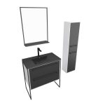 Ensemble meuble de salle de bain 80x50 cm - vasque noir effet pierre + colonne noir mat + miroir