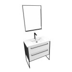 Pack meuble de salle de bain 80x50 cm NOIR MAT - 2 tiroirs blanc - vasque blanche + miroir LED