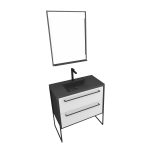 Pack Meuble de salle de bain 80x50 cm - 2 tiroirs - vasque résine noire effet pierre + miroir LED