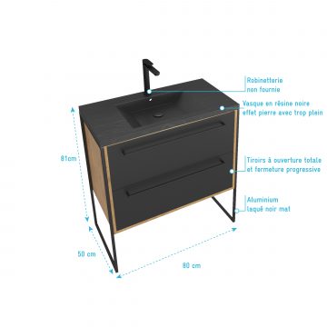 Meuble de salle de bain 80x50cm chene brun - 2 tiroirs noir mat - vasque resine noire effet pierre