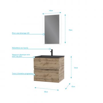 Meuble salle de bain 60x54 - Finition chene naturel + vasque noire + miroir Led - TIMBER 60 - Pack08