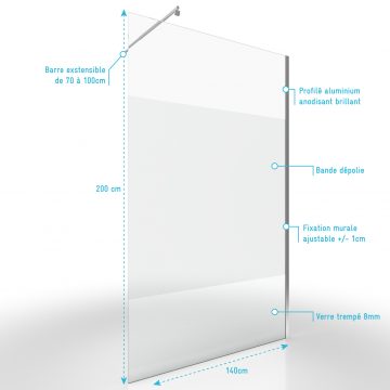 Pack paroi de douche DEPOLIE 140cm profile chrome 140x200 cm + barre de fixation