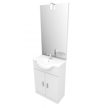 Meuble salle de bain blanc 60 cm sur pied + vasque ceramique blanche + miroir applique led