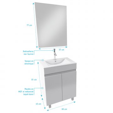 Ensemble meuble de salle de bain 60x45x81-meuble MDF-melamine brillant blanc-vasque ceramique+miroir