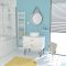 MEUBLE SALLE DE BAIN SCANDINAVE BLANC 80 CM SUR PIEDS AVEC TIROIR, VASQUE A POSER ET MIROIR ROND