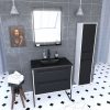 Meuble Salle de Bains 80 cm, Vasque Noire, Miroir Led et Colonne - Blanc et Noir - STRUCTURA