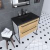 Meuble de salle de bain 80x50 cm + 2 tiroirs chêne naturel + vasque résine noir effet pierre