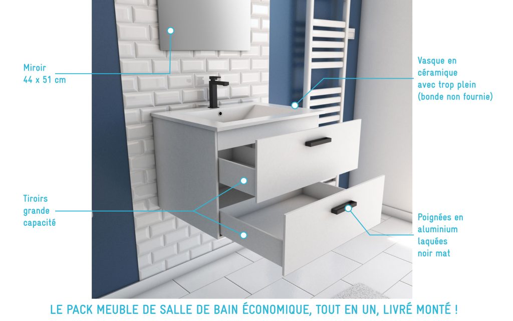 Meuble salle de bain 60 cm monte suspendu blanc H46xL60xP45cm - avec