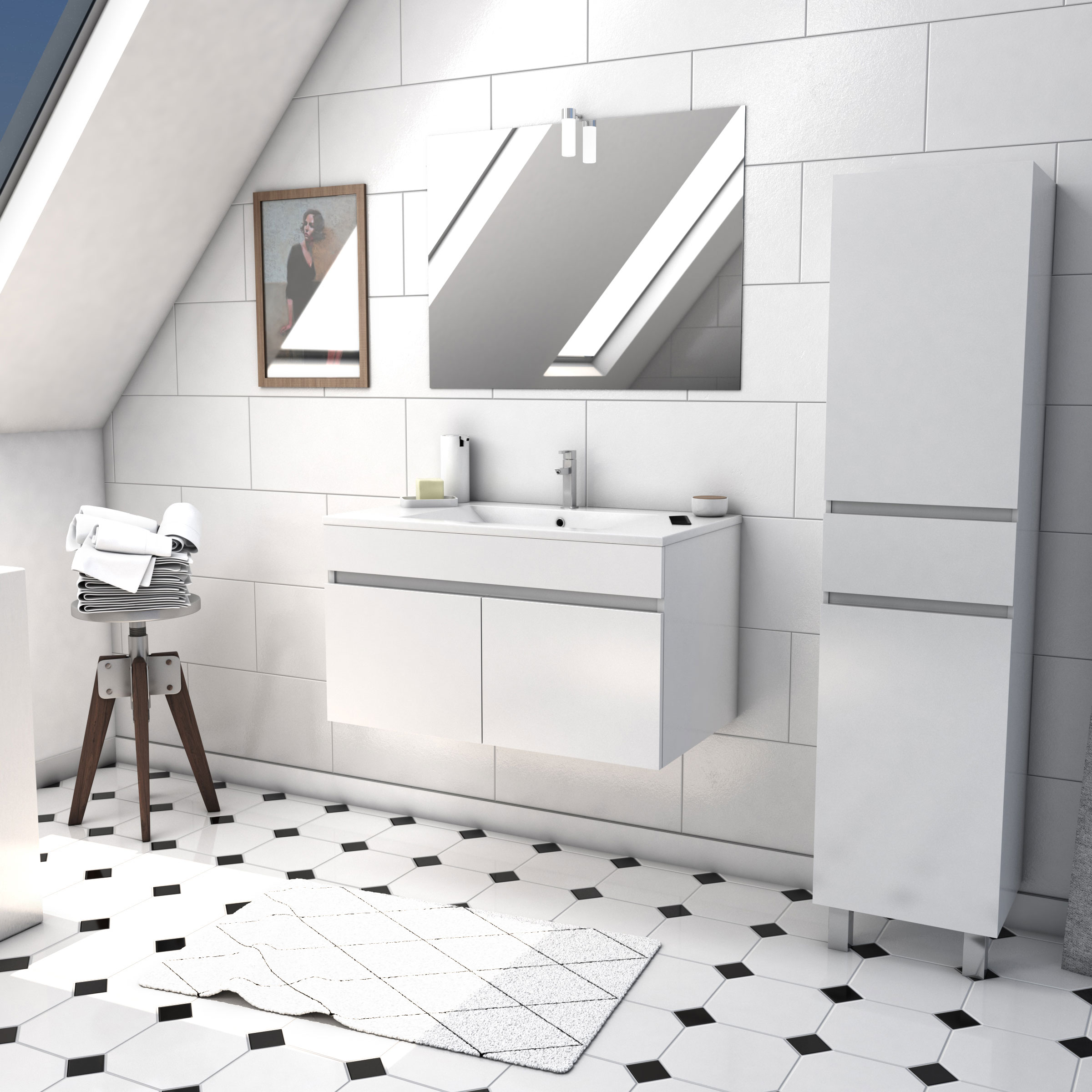 OLIMPO Meuble de salle de bain suspendu Maia avec lavabo et miroir lisse 60 cm couleur sable 