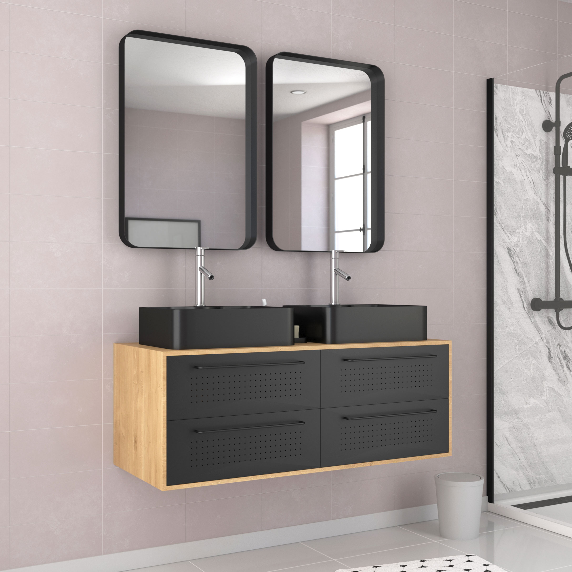 Meuble de Salle de Bains 120 cm_2 Vasques Rectangles_2 miroirs Chêne