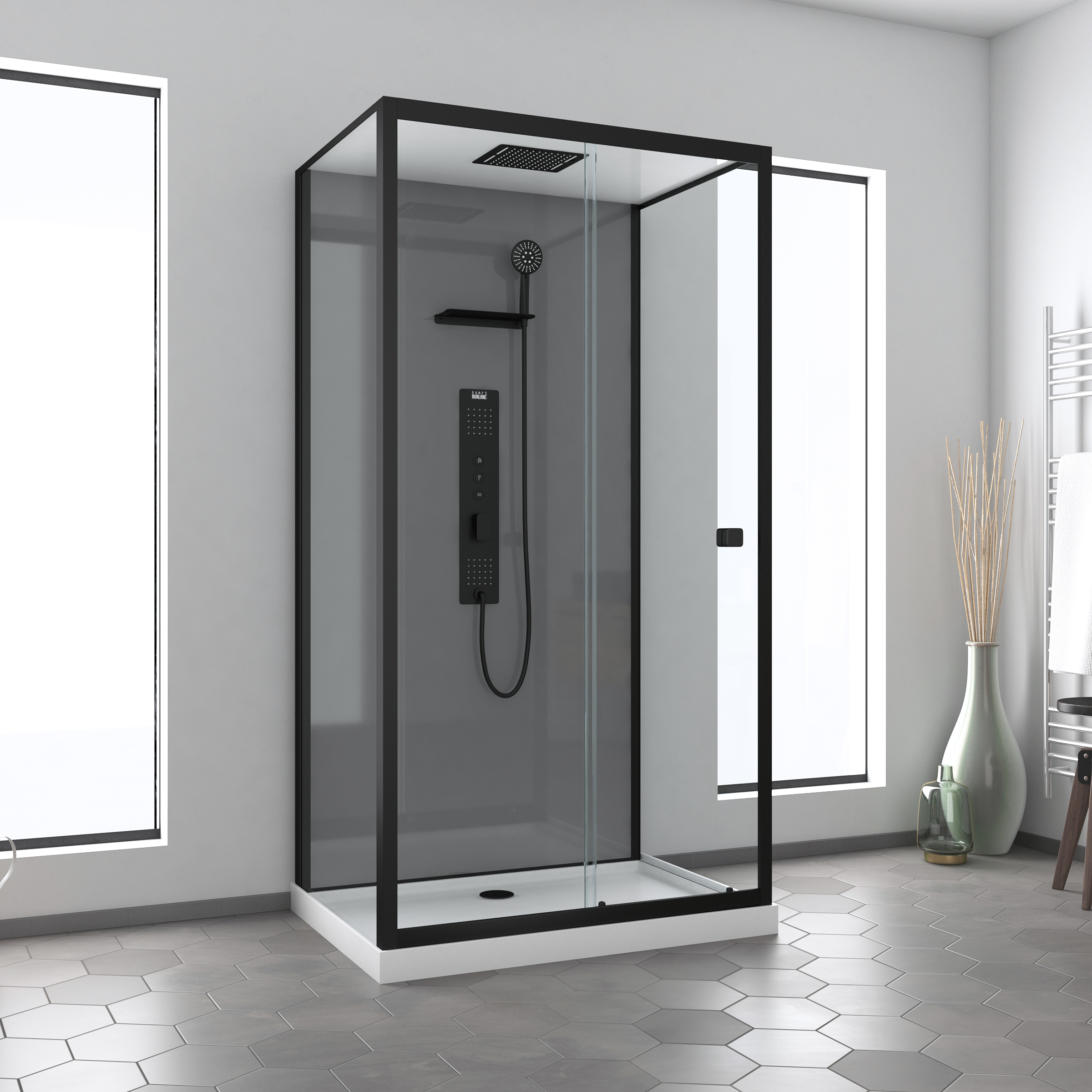 Cabine de douche rectangulaire avec 2 panneaux fixes et 2 portes  coulissantes