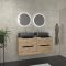 Meuble salle de bains 120cm Chene et noir, Vasques rectangulaires et Miroirs Led Diam 50cm - OMEGA