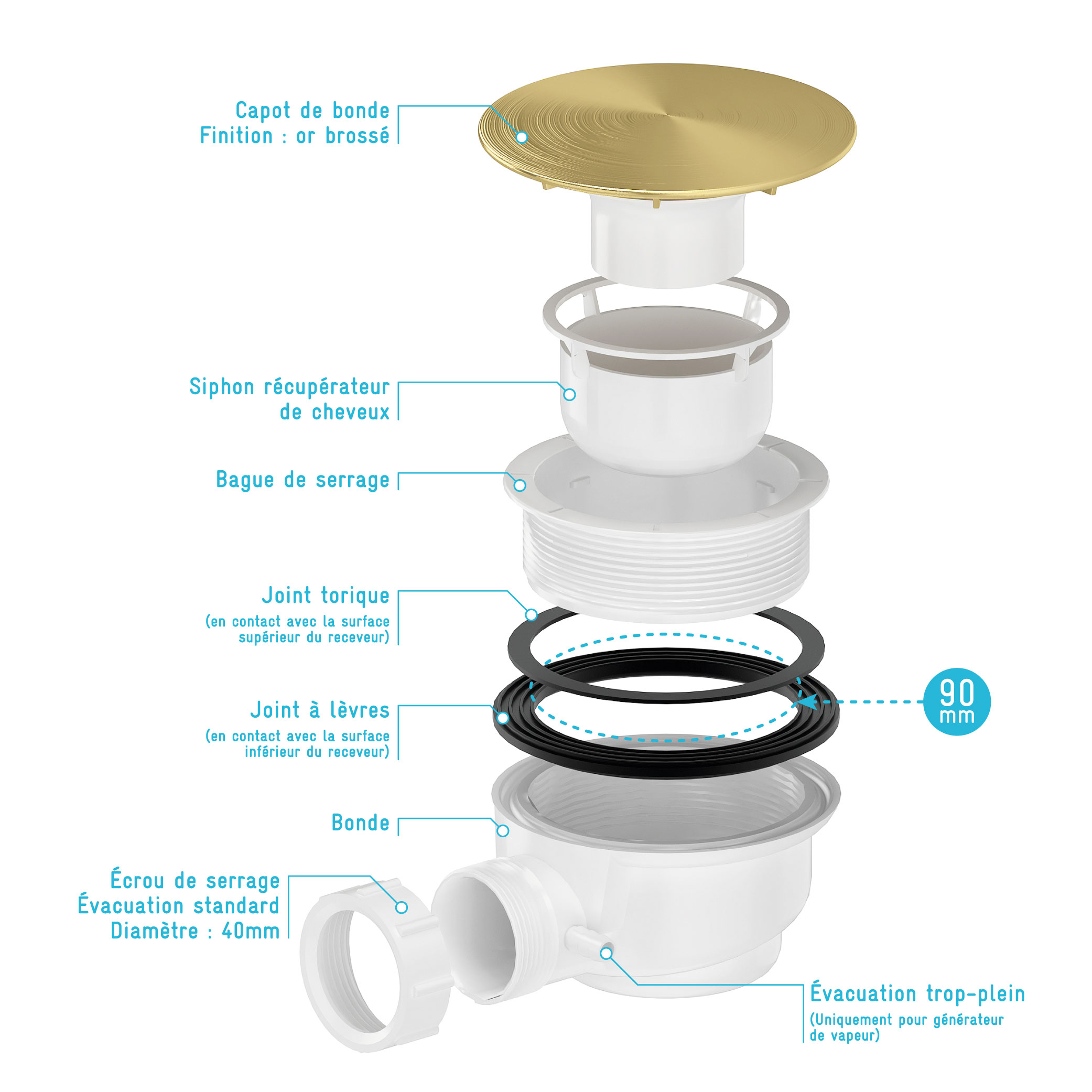 Bonde de douche horizontale - 90 mm - Extra plate - Valentin