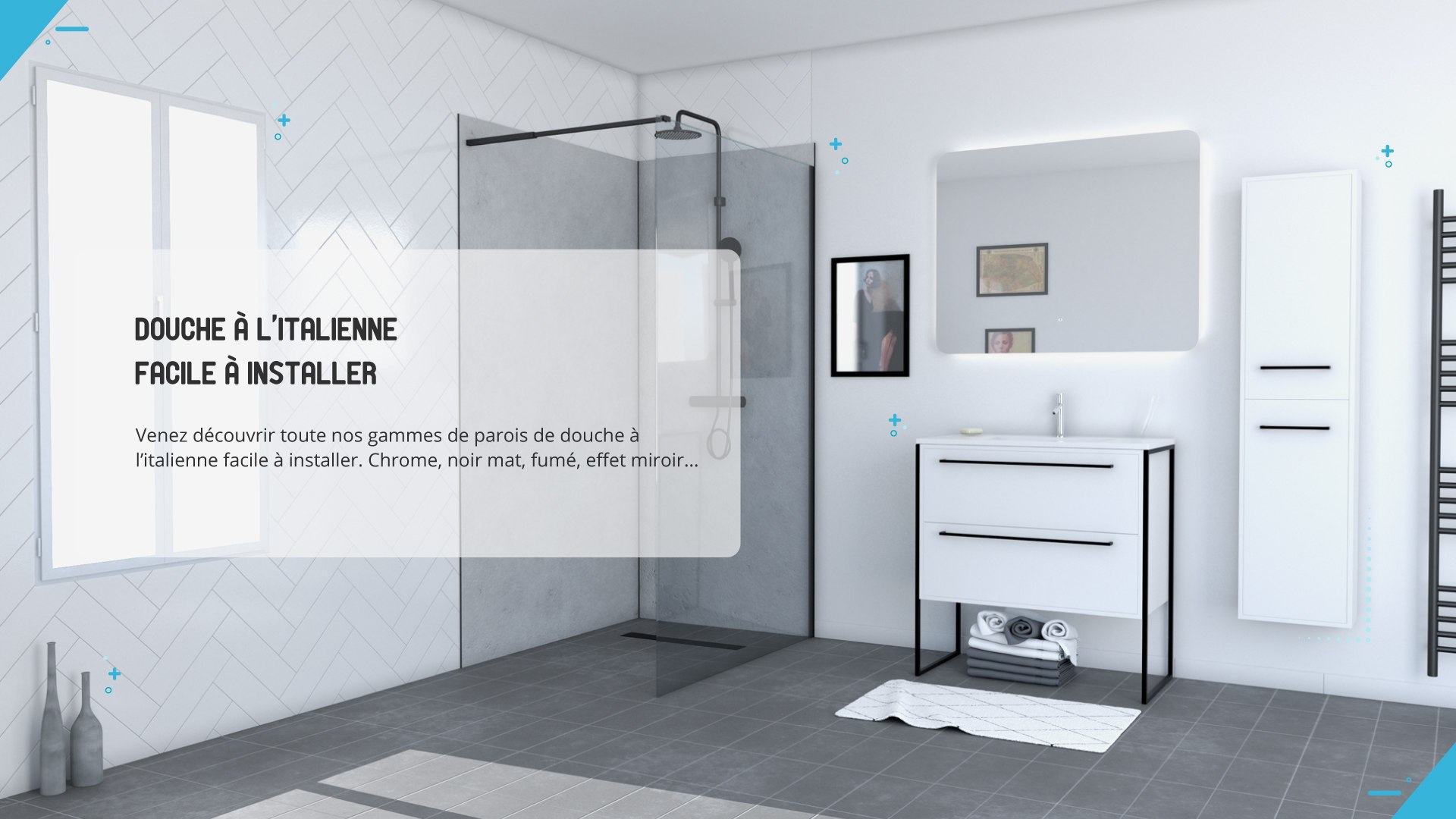 salle de bain avec douche et ensemble meuble vasque avec colonne et miroir