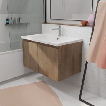 Meuble salle de bain 80x54 - Finition chene naturel + vasque blanche +  miroir - TIMBER 80 - Pack 35 - Aurlane