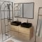 Meuble Salle de Bains 120cm 4 Tiroirs Chêne Naturel, 2 Vasques Noires 41x41x15cm, 2 Miroirs 55x75cm